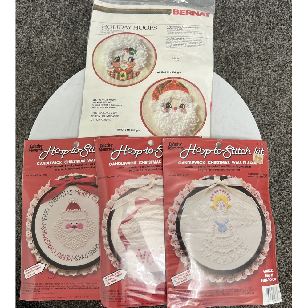 Vtg Christmas Embroidery Stitchery Kits Santa Angel Bells‎ Bernat Hoop-To-Stitch